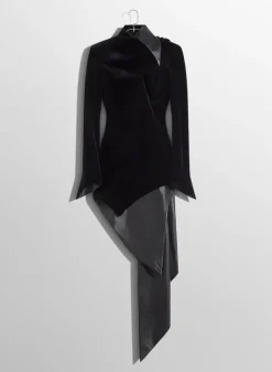Women MUGLER black asymmetrical velvet dress with leather collar