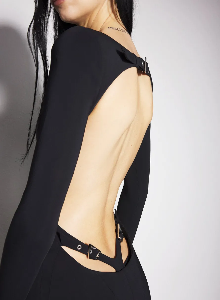 Women MUGLER black backless buckled crepe gown