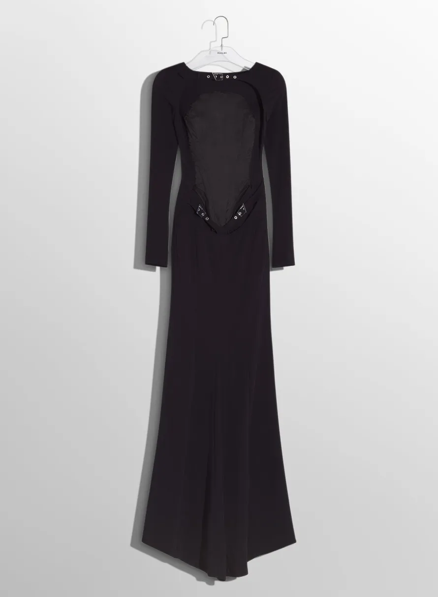 Women MUGLER black backless buckled crepe gown