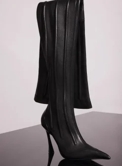 MUGLER black boned leather fang 95 thigh high boots