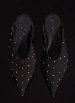 MUGLER black embellished suede fang flat mules
