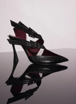 MUGLER black embossed crocodile buckled fang 95 mules