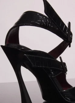 MUGLER black embossed crocodile buckled fang 95 mules
