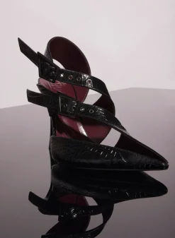 MUGLER black embossed crocodile buckled fang 95 mules