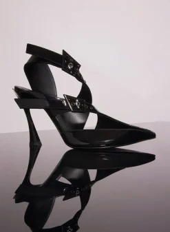 MUGLER black leather buckled fang 95 mules