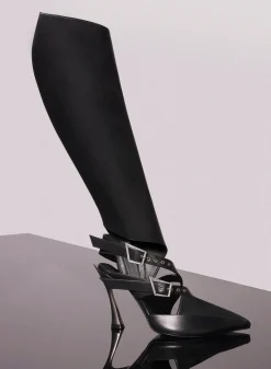 MUGLER black leather buckled fang 95 knee high boots