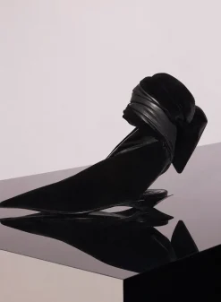 MUGLER black leather knot fang flat mules