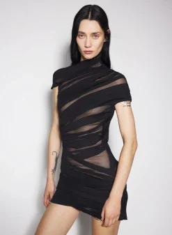Women MUGLER black ruched sheer mini dress