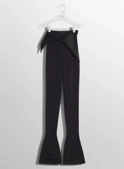 Women MUGLER black satin cummerbund flare wool trousers