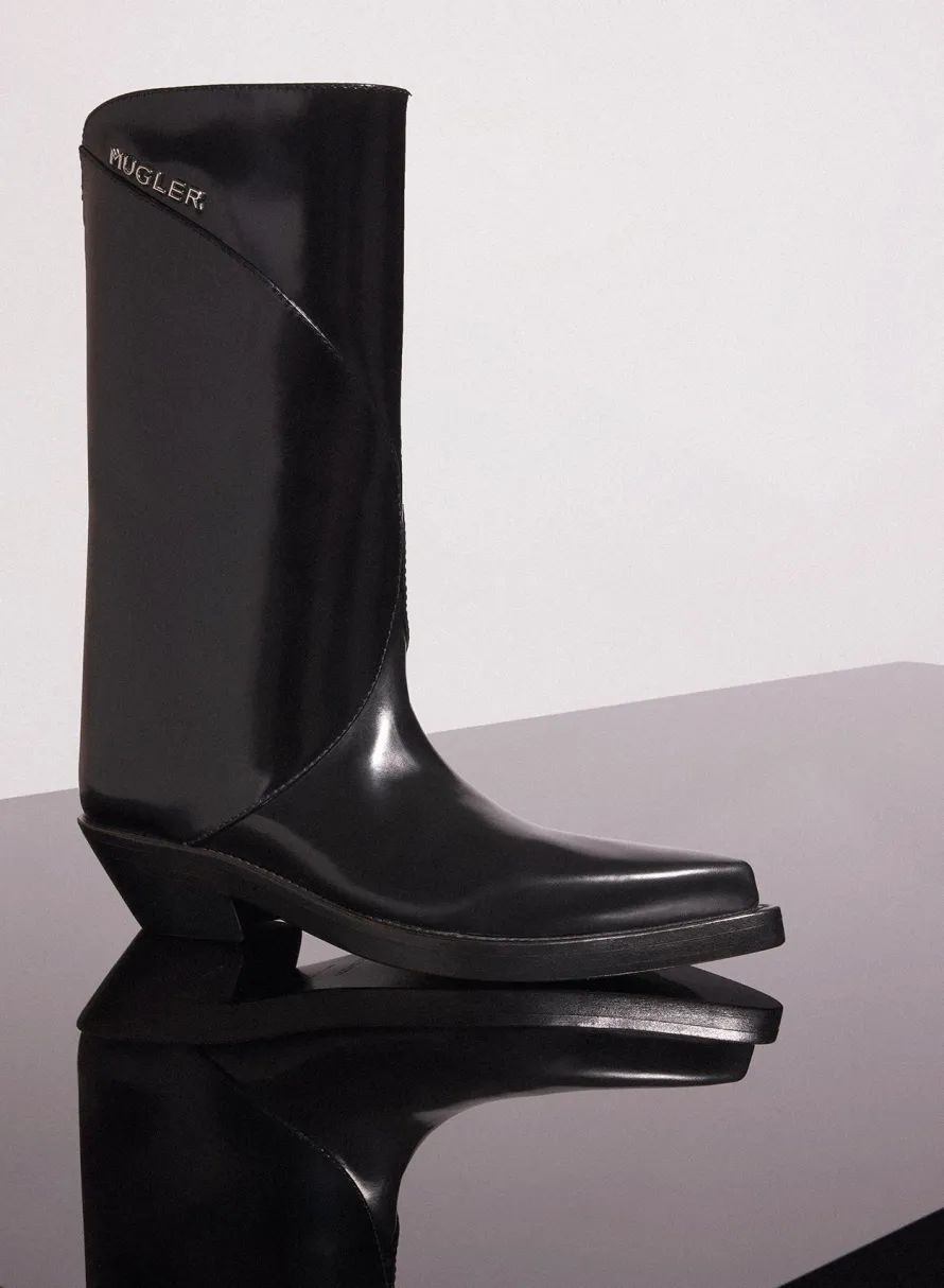 MUGLER black shiny leather santiag boots