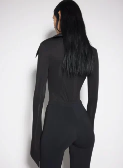 Women MUGLER black spiky satin collar bodysuit