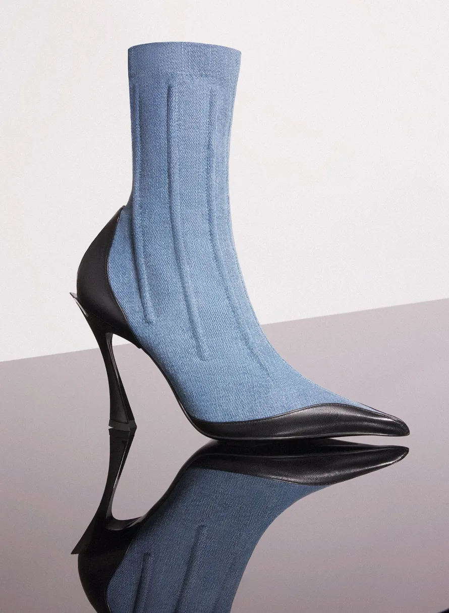 MUGLER blue bi-color boned denim fang 95 ankle boots