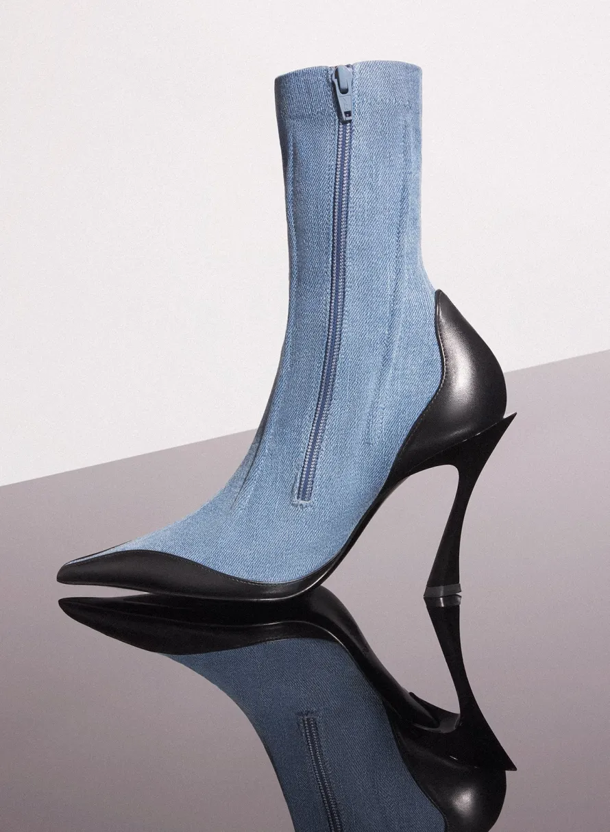 MUGLER blue bi-color boned denim fang 95 ankle boots