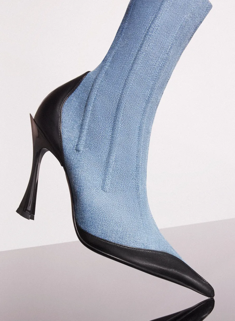 MUGLER blue bi-color boned denim fang 95 ankle boots