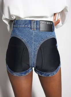 Women MUGLER blue bi-material denim shorts