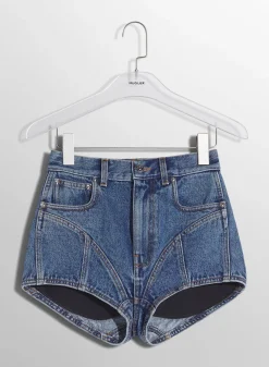 Women MUGLER blue bi-material denim shorts