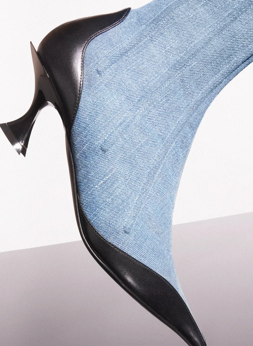 MUGLER blue boned denim fang 55 ankle boots