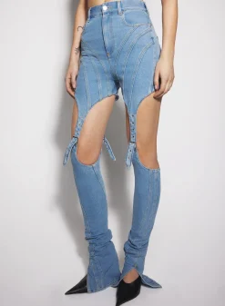 Women MUGLER blue buckled chaps skinny jeans