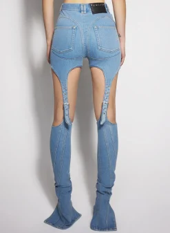 Women MUGLER blue buckled chaps skinny jeans