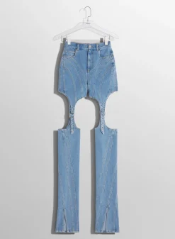 Women MUGLER blue buckled chaps skinny jeans