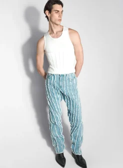 Women MUGLER blue raw edge spiral baggy jeans