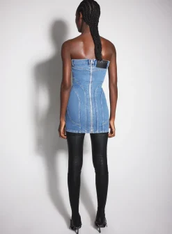 Women MUGLER blue spiral denim bustier dress
