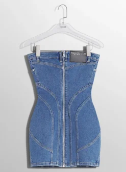 Women MUGLER blue spiral denim bustier dress