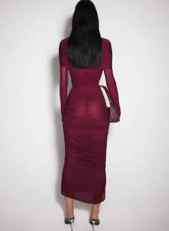 Women MUGLER burgundy sheer ruched dress