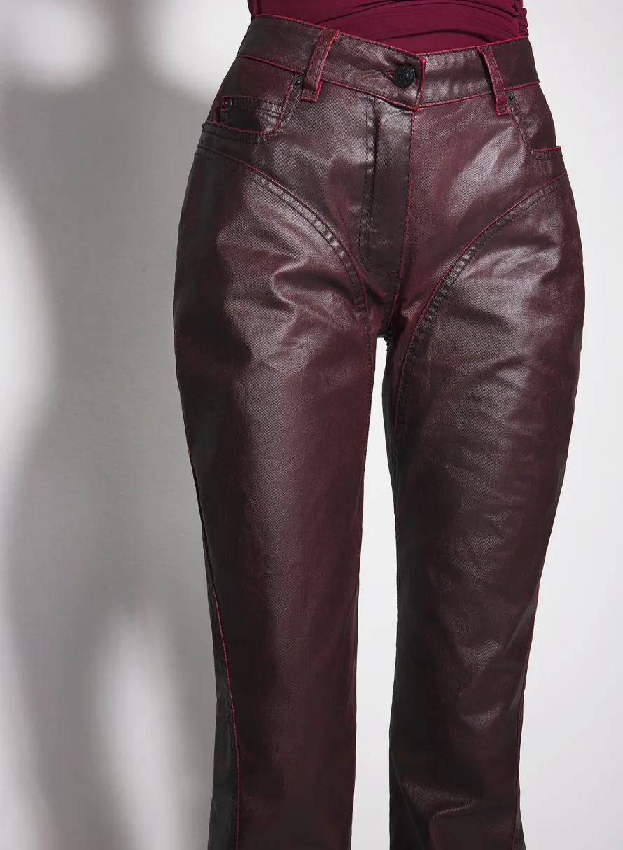 Women MUGLER burgundy waxed denim pants