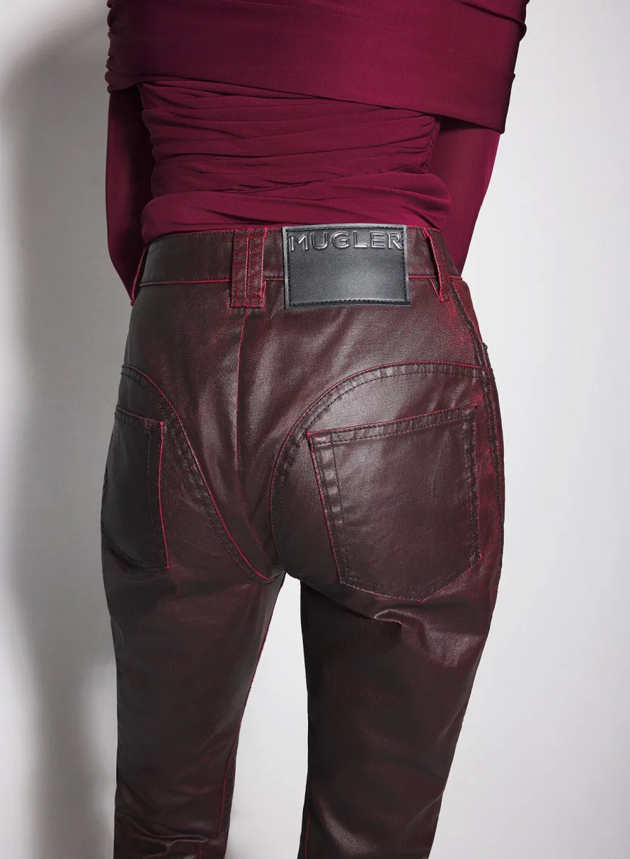 Women MUGLER burgundy waxed denim pants