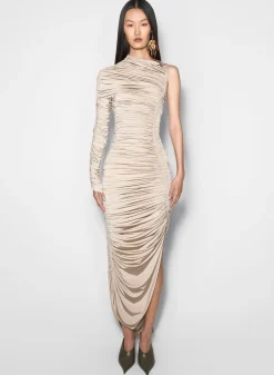 Women MUGLER champagne asymmetrical pierced ruched dress