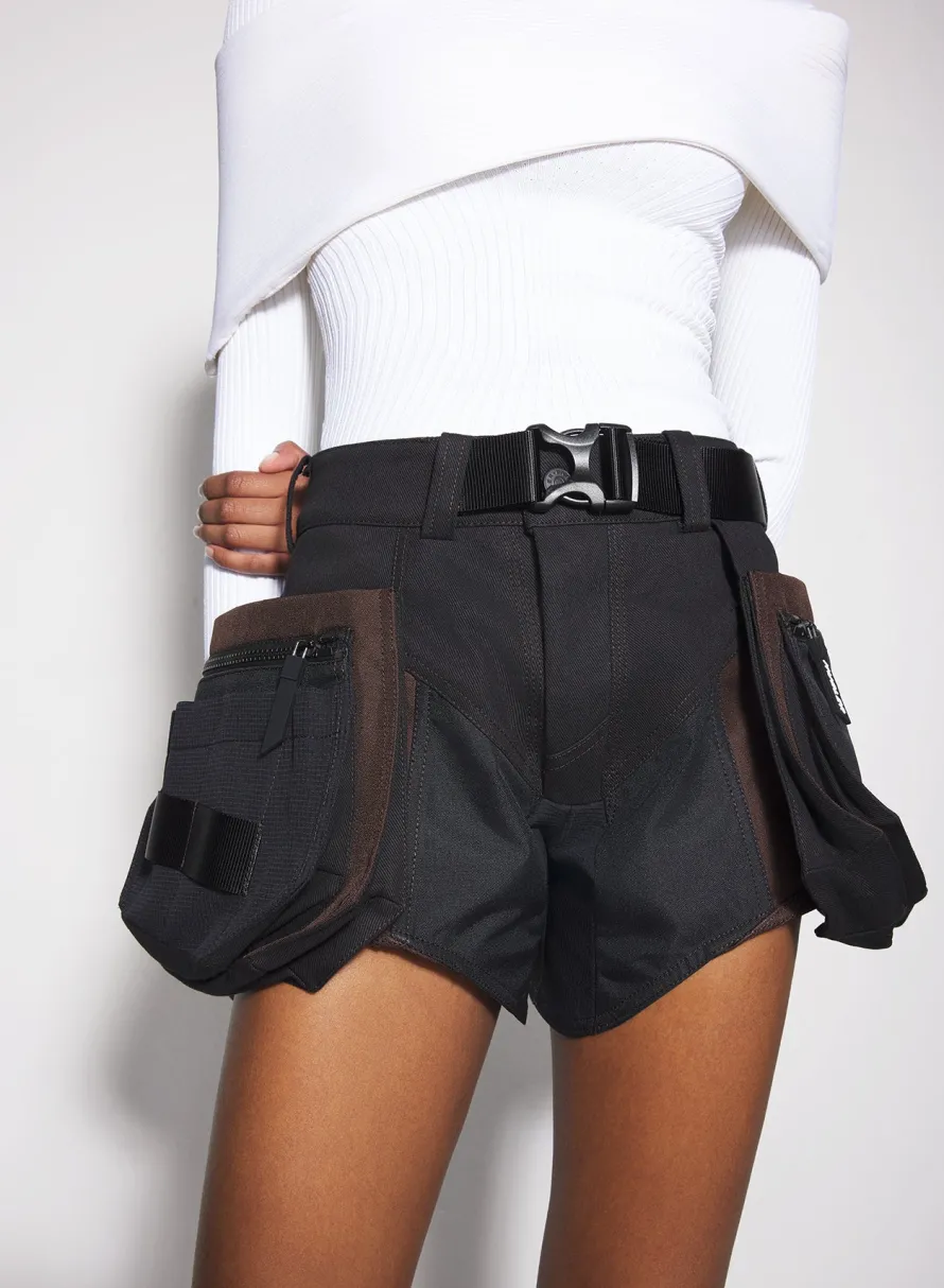 Women MUGLER chocolate technical fabric cargo shorts