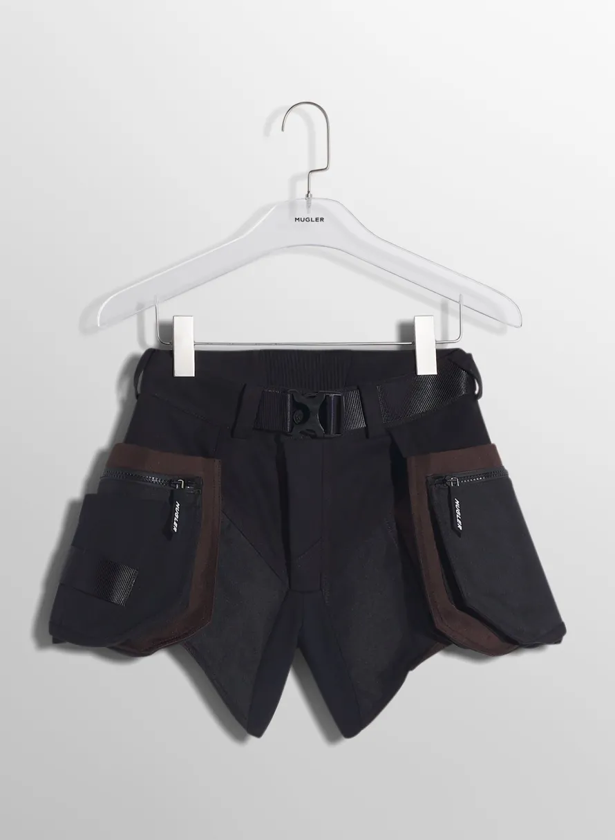 Women MUGLER chocolate technical fabric cargo shorts