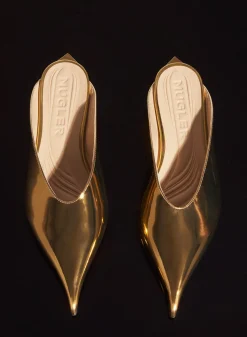 MUGLER gold metalic leather fang flat mules