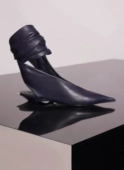 MUGLER midnight blue leather knot fang flat mules