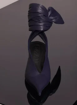 MUGLER midnight blue leather knot fang flat mules