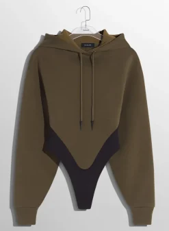 Women MUGLER Military green fleece hoodie bodysuit