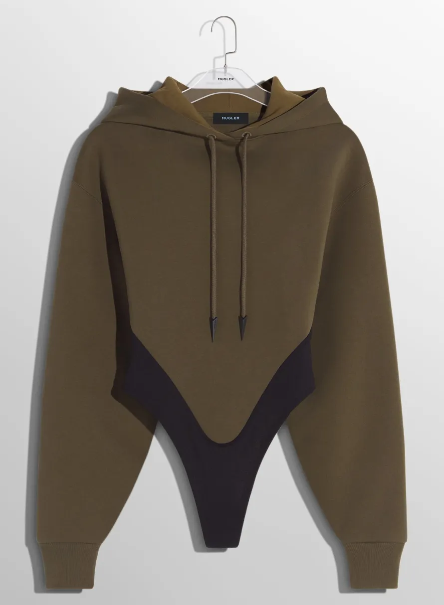Women MUGLER Military green fleece hoodie bodysuit