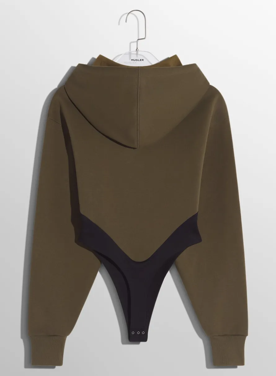 Women MUGLER Military green fleece hoodie bodysuit