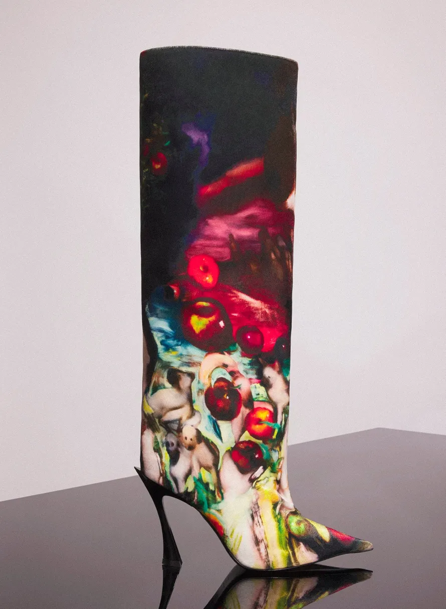 Women MUGLER x Ambera Wellmann printed velvet fang 95 knee high boots