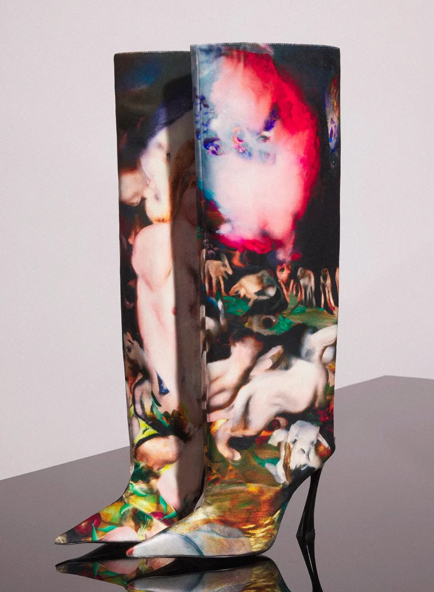 Women MUGLER x Ambera Wellmann printed velvet fang 95 knee high boots