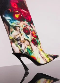Women MUGLER x Ambera Wellmann printed velvet fang 95 knee high boots
