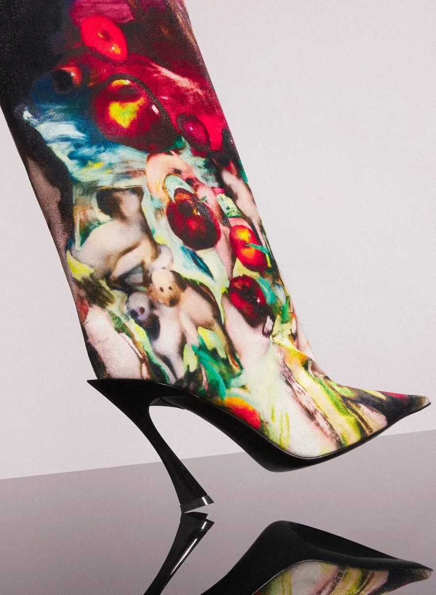 Women MUGLER x Ambera Wellmann printed velvet fang 95 knee high boots