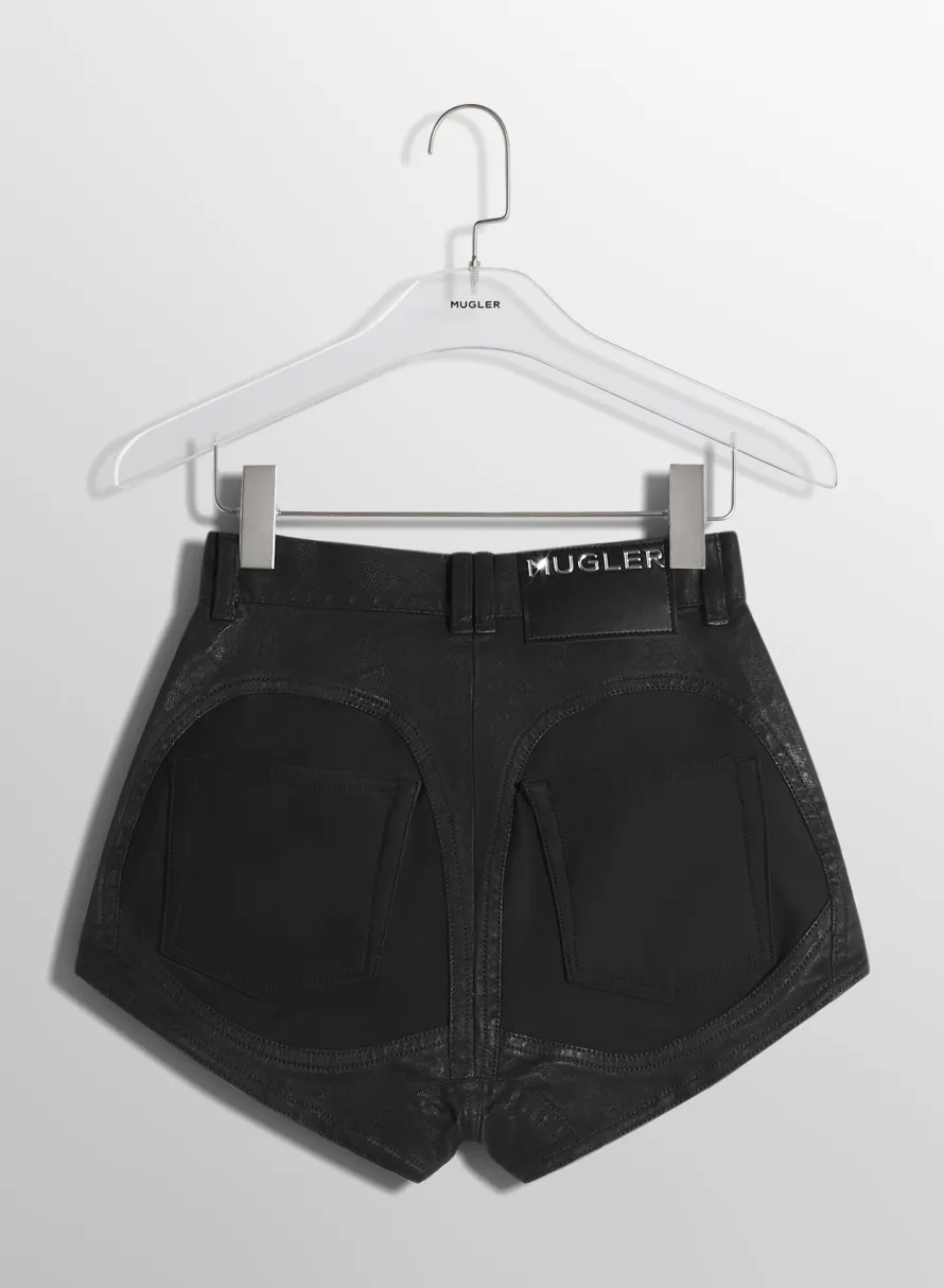 Women MUGLER raw blue bi-material denim shorts