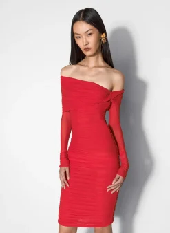 Women MUGLER red off-shoulder ruched dress