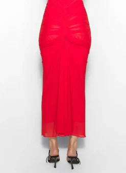 Women MUGLER red ruched mesh skirt
