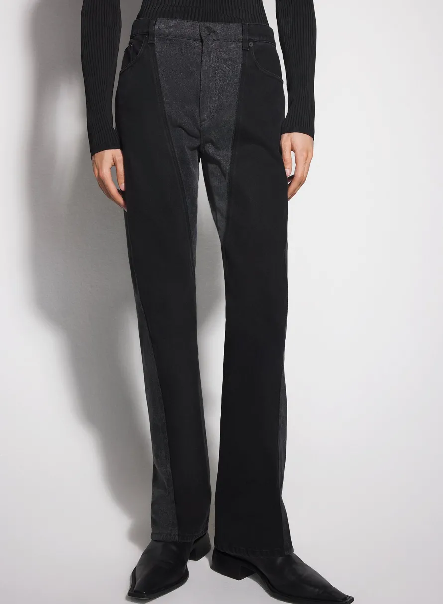 Women MUGLER washed black bi-material straight leg jeans