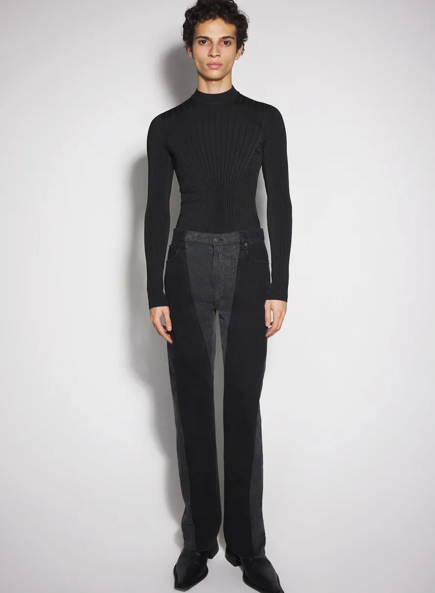 Women MUGLER washed black bi-material straight leg jeans