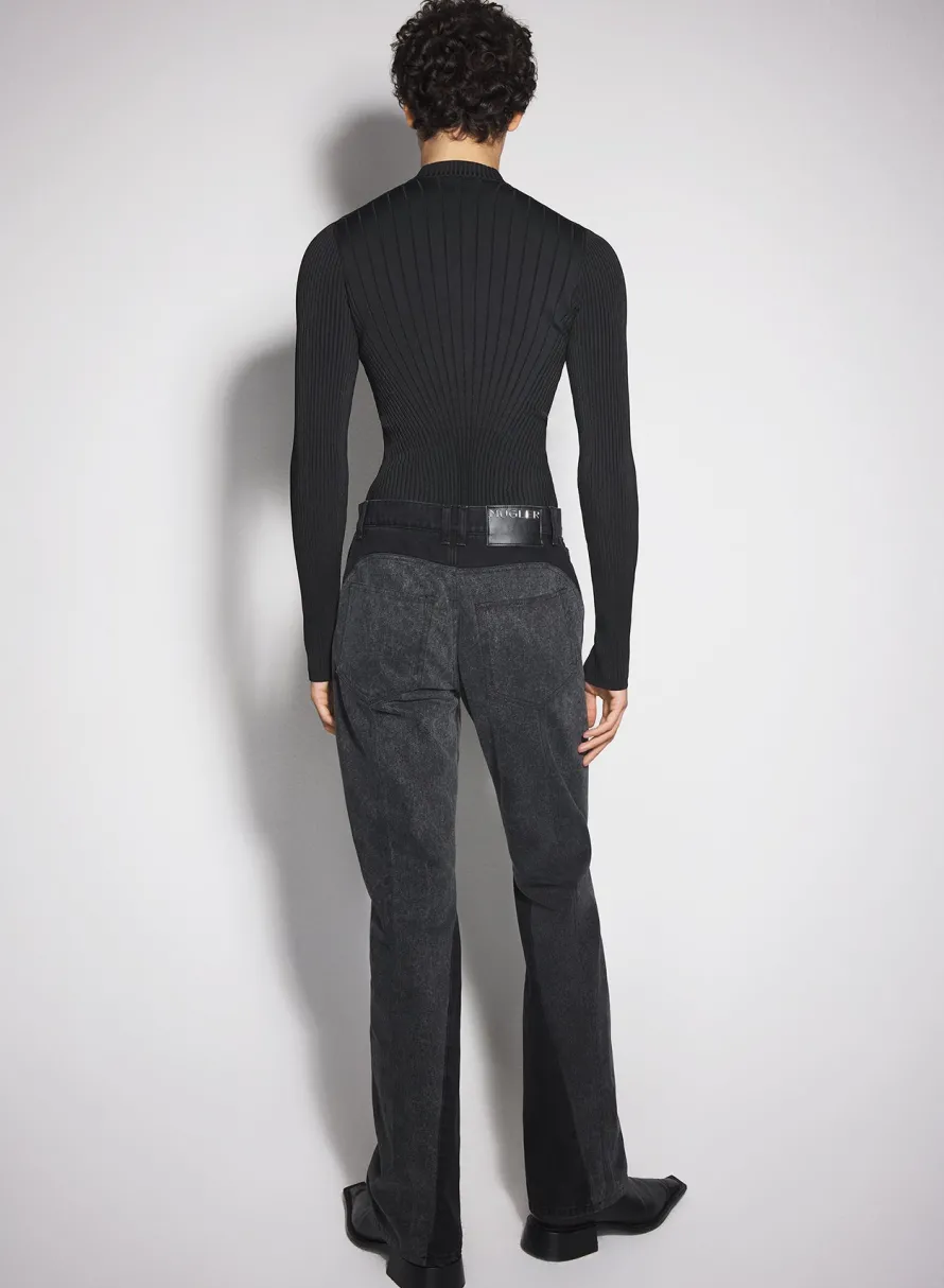 Women MUGLER washed black bi-material straight leg jeans