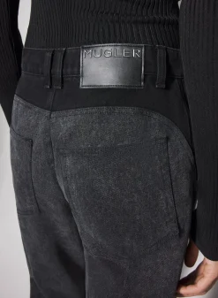 Women MUGLER washed black bi-material straight leg jeans